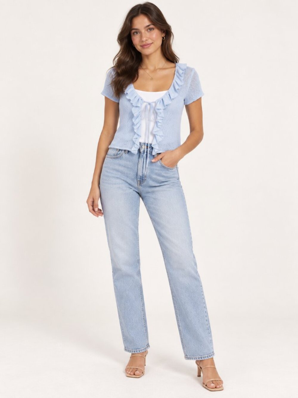 2/$30 wild fable Light Blue Ruffle Tie-Front Short Sleeve Knit Top